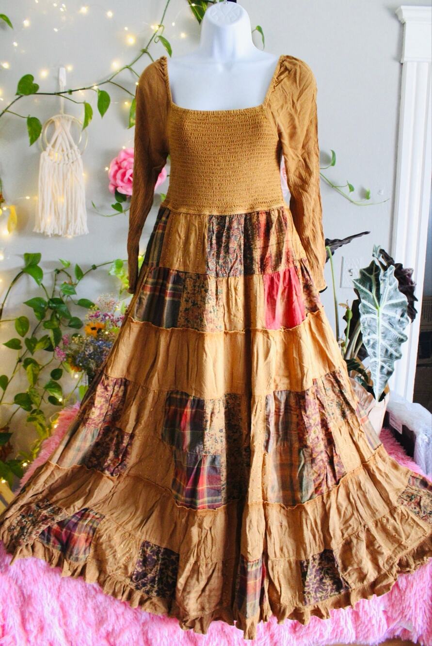 Young Threads Camel Patchwork Smocked Tiered Maxi Dress Size S NWT Boho